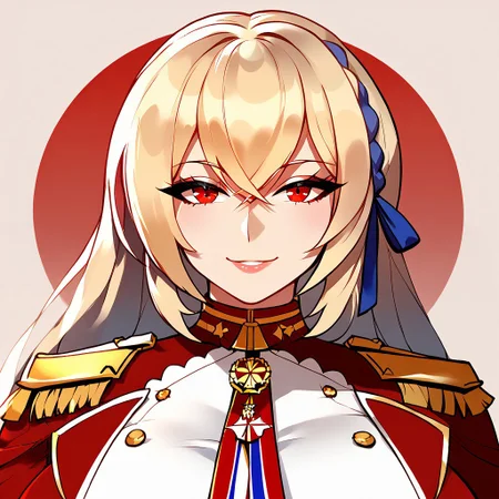 1girl, solo, portrait, close-up, light smile, abstract background, masterpiece, amazing quality, best quality, very aesthetic, absurdres, zPDXL3, by marushin, king george v (azur lane), military uniform, (mature female:1.2), tall female, curvy, beautiful face, highly detailed faces and eyes,