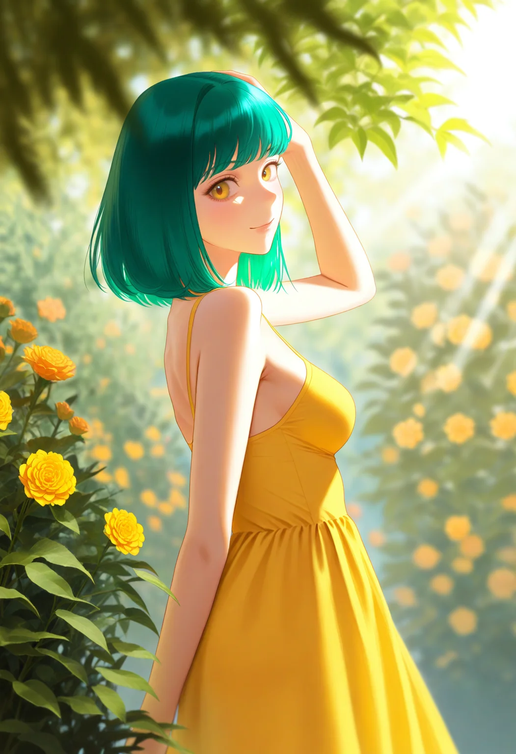 (m alexa:0.5), (yarn \(yarn 03\):0.7), masterpiece, best quality, 1girl, solo, green hair, medium hair, bob cut, yellow eyes, medium breasts, yellow sundress, outdoors, garden, from behind, flowers, looking back, smile, sunlight, sunbeam, <lora:ChamIllustriousBackgroundEnhancer:1>