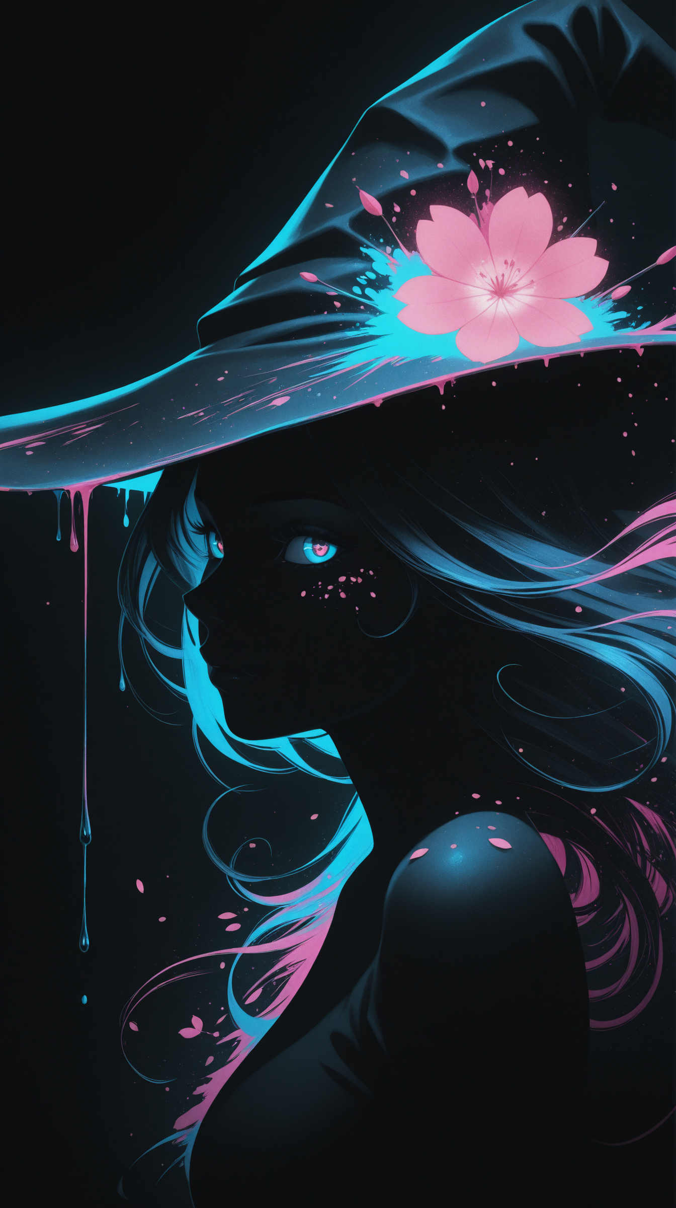 side view, masterpiece, best quality, toon, 1girl, woman, witch, witch hat, covered with cherry blossoms, portrait, looking at viewer, simple background, dark background, Drip Painting, reij-incs, silhouette character, black ink, neon colors, colors splash effect, flowing hair <lora:incs:1>, <lora:add-detail-xl:-1>, <lora:reij-rt:0.5>