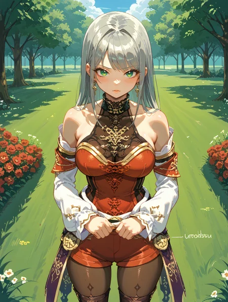 (score_9, score_8_up, score_8, score_9, ASCII score_9), (source_anime), (masterpiece best quality), (beautiful atmosphere), (8K, UHD), , natural lighting, dramatic lighting, s1_dram, <lora:S1_Dramatic_Lighting_v2:0.375>,
Uromatsu Style, <lora:Uromatsu_Style-Pony_XL:0.85>, narrow waist, MKY, <lora:MKY 0.1v:0.435>,
BREAK
<lora:FFXI_-_Arciela_V_Adoulin:0.9>, long hair, grey hair, green eyes, thighhighs, , pantyhose, shorts, detached sleeves, bare shoulders, :p,
BREAK
from above,
BREAK
uncensored, 1girl, large breasts, adult female, wide hips, thick thighs, toned body, looking at viewer,
BREAK
park, trees, red flowers, grass, ,