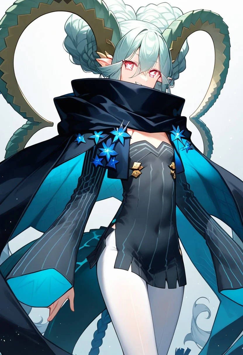 score_9, score_8_up, score_7_up, professional anime,1girl,female,solo,(Tiamat from fate grand order),horns, pointy ears, blue hair, symbol-shaped pupils, pink eyes, double bun, braid, twintails, scarf, short dress, black dress, long sleeves, sleeves past fingers, white pantyhose, tail,petite girl,short female,short girl,petite female,age regression, perfect body,smile,