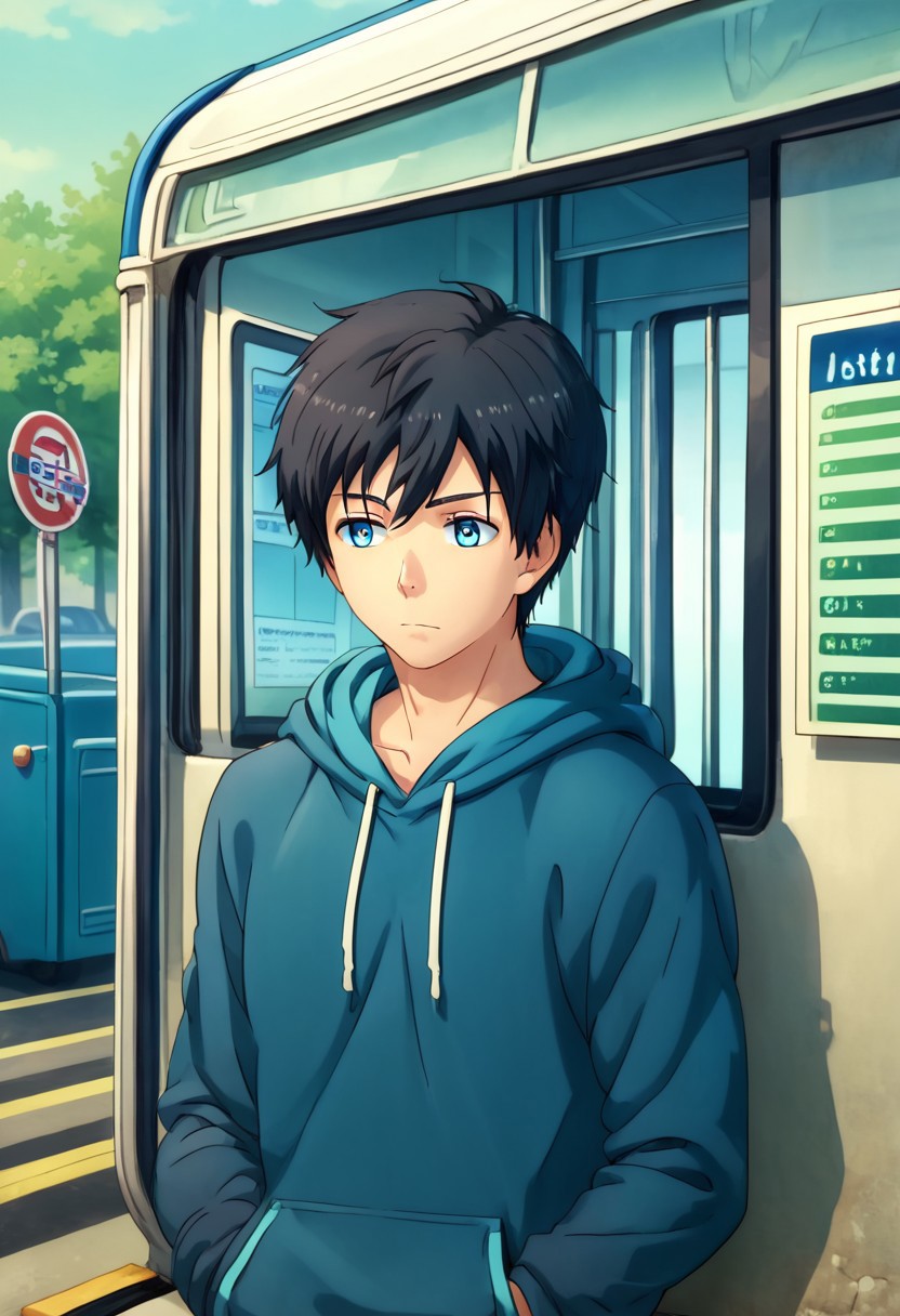 high resolution, solo, best quality, 1Boy, Arata Kaziaki, Black Hair, Blue Eyes, Commuting, bus stop, waiting, hoodie, casual,