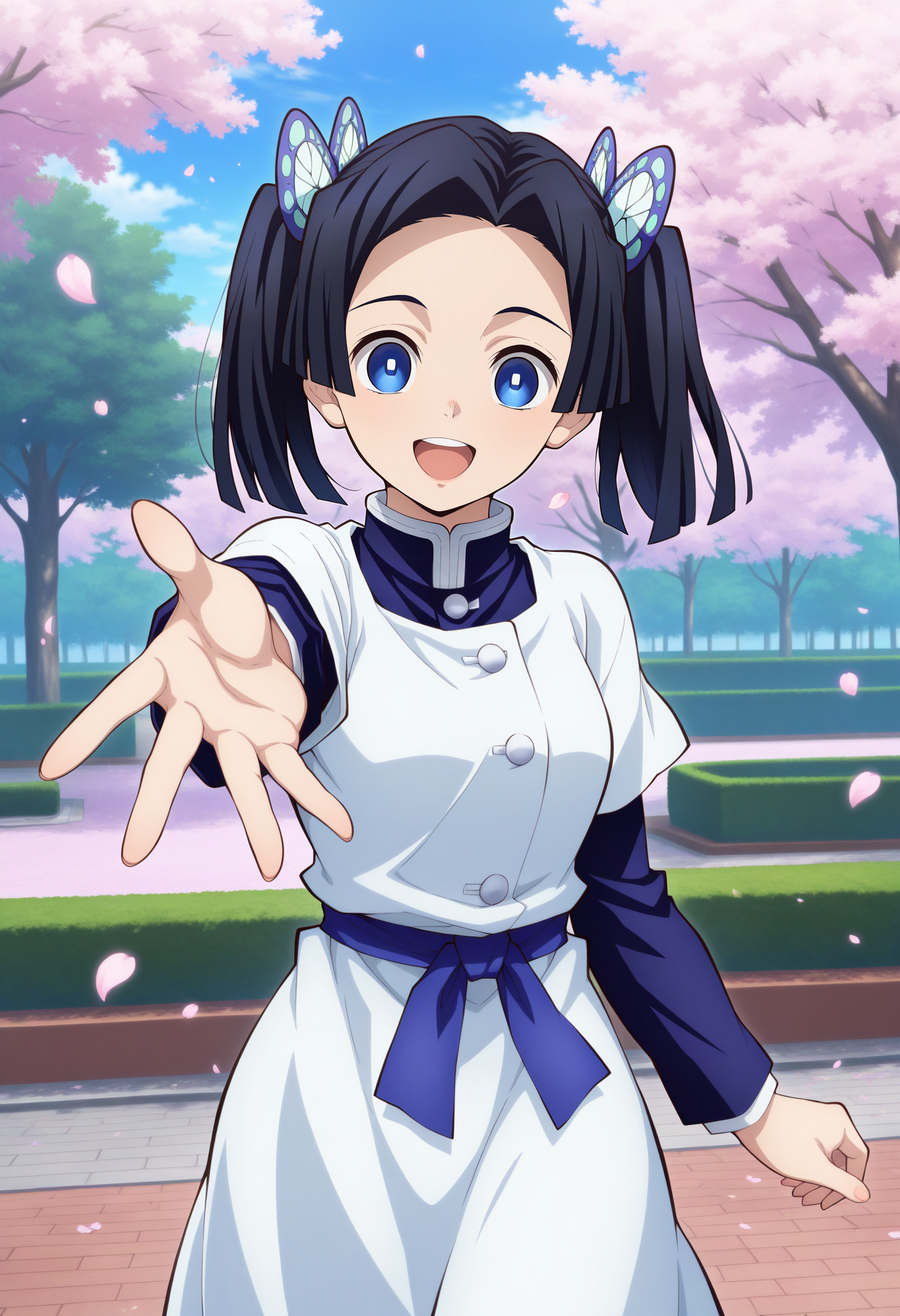 best quality, masterpiece, 1girl, aaaoi, black hair, twintails, hair ornament, parted bangs, blue eyes, shirt under dress, blue shirt, white dress, short over long sleeves, sash, blue bow, <lora:kanzaki_aoi_ilxl_v1:0.9>, standing, cowboy shot, park, smile, open mouth, reaching, petals