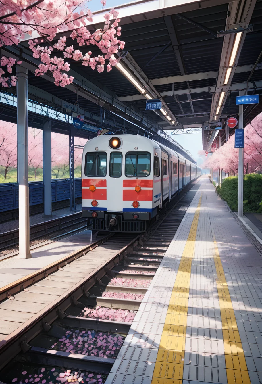 ,ruanyi0802,train station,cherry blossoms,<lora:802 Sakura Train Station_v1_pony:1>, score_9,score_8_up,score_7_up,,8k,1girl,solo,,