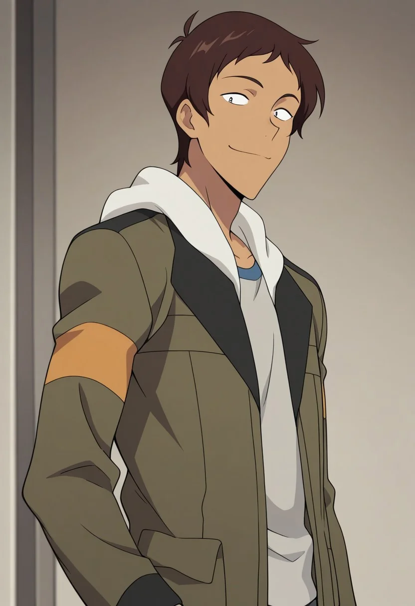 masterpiece,best quality,amazing quality, source_anime,
lanciuv, 1boy, male focus, solo, dark skin, dark-skinned male, brown hair, forehead, shirt, grey shirt, jacket, green jacket, hood, open jacket, smile,