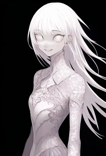solo, looking at viewer, white eyes, upper body, black background, 1girl, long white hair, extremely pale skin, smiling,
, ,,,, masterpiece,best quality,very aesthetic,absurdres
<lora:monfornoob:0.95>