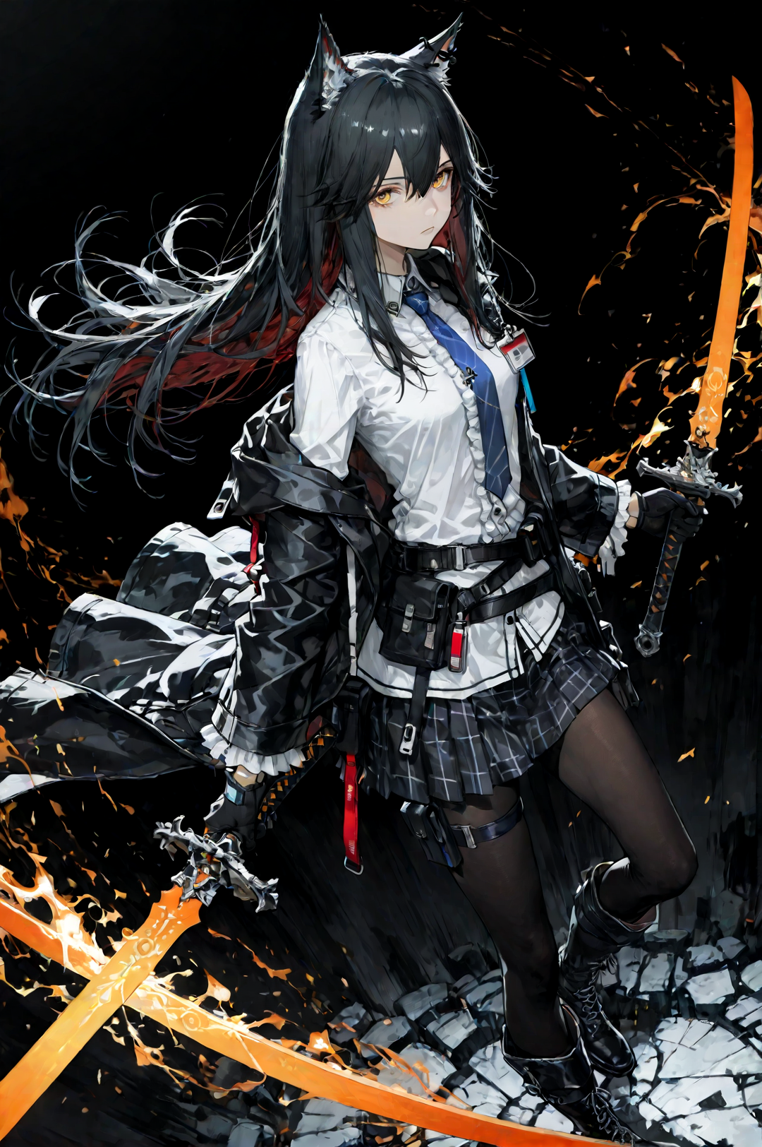 score_9, score_8_up, score_7_up, 1girl, solo, ultra detailed, amazing quality, best quality, texas (arknights), dynamic angle, dynamic pose, very detailed eyes, yellow eyes, long hair, black hair, wolf ears, expressionless, black coat, white frilled shirt, blue necktie, black gloves, black skirt, black pantyhose, black knee boots, holding weapon, sword, dark background, <lora:add_detail:1> <lora:Expressive_H:1>