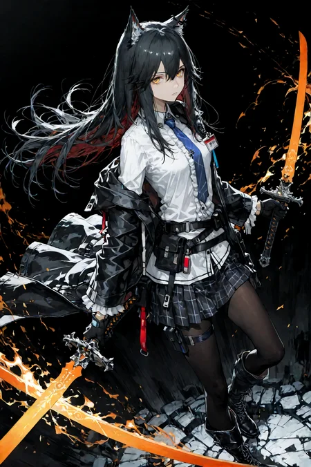 score_9, score_8_up, score_7_up, 1girl, solo, ultra detailed, amazing quality, best quality, texas (arknights), dynamic angle, dynamic pose, very detailed eyes, yellow eyes, long hair, black hair, wolf ears, expressionless, black coat, white frilled shirt, blue necktie, black gloves, black skirt, black pantyhose, black knee boots, holding weapon, sword, dark background, <lora:add_detail:1> <lora:Expressive_H:1>