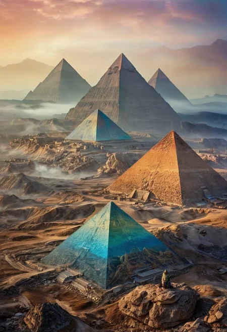 their peaks veiled in mist. mixed media, surrealism, great lighting, A surreal landscape highly detailed . extremely high-resolution details, appears trapped in an optical illusion of reflections and refractions colorful , great pyramids build on ountains, professional photography, natural lighting, volumetric lighting maximalist. intricately detailed, complex, elegant, expansive, fantastical, film photography style, medium grain