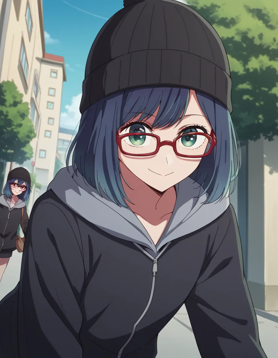 score_9, score_8_up, score_7_up, source_anime,
akanekurokawa, <lora:akane-kurokawa-s1-ponyxl-lora-nochekaiser:1>,
akane kurokawa, bangs, green eyes, blue hair, medium hair, dark blue hair,
long sleeves, hat, jacket, glasses, hood, black jacket, black headwear, hoodie, hood down, red-framed eyewear, beanie,
outdoors, street, bent over, smile,
looking at viewer, cowboy shot, dutch angle, solo,