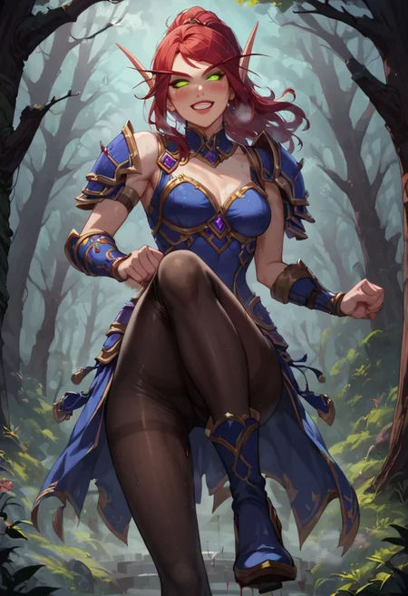 score_9, score_8_up, score_7_up, source anime, anime screencap, masterpiece, expressive eyes, perfect face, cinematic lighting, volumetric lighting, Expressiveh, blood elf from warcraft, red hair , green eyes, warcraft armor, blood elf armor, light blue armor boots with high heels, oiled skin, voluptuous, toned, dark theme, low light, solo, musk, breath, steam, sweaty, sweating, ((blush)), small breasts, smile, dynamic pose, seductive pose, full-length photo,full-length portrait, smile,smug smile, boots over knees, pantyhose,
outdoors, forest, crotch kicking , ballbusting, ,crotch kick, ,ballbusting, ,<lora:crotch_kick:1.8>, , foot kicking , foot focus