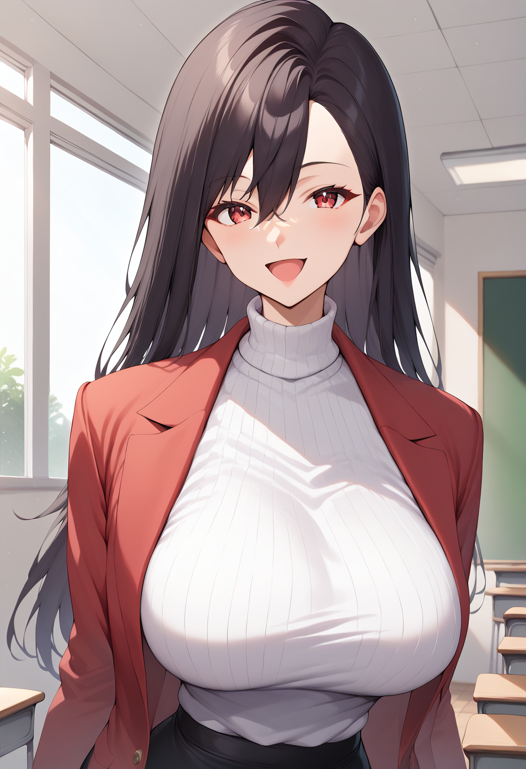 1girl, solo, upper body, smile, open mouth, classroom, large breasts, 
ooaya_mari, brown eyes, black hair, long hair, hair between eyes, red jacket, white  sweater, turtleneck, black pencil skirt,<lora:ooaya_mari_pony_ver1:0.8>, score_9, score_8_up, score_7_up, BREAK source_anime, best quality, masterpiece, uncensored, Captivating Eye Reflections,,