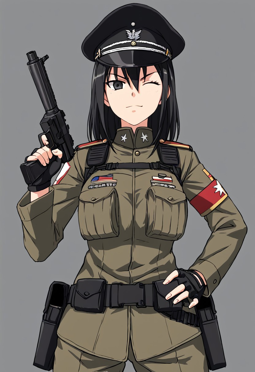 single black haired girl in black military uniform, aiming gun upwards, military hat and fingerless gloves, winking