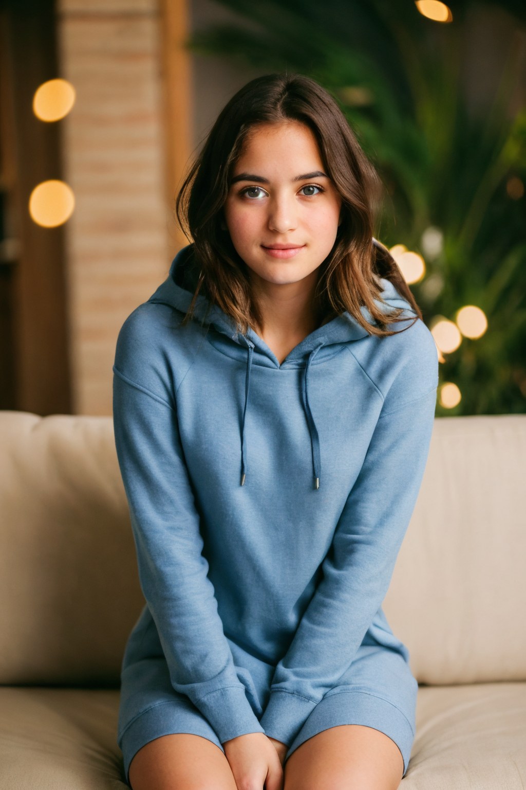 a beautiful college girl with brown-hair and blue-eyes, irresistible, sitting on couch, ideal cute face, (casual:1.2), wearing hooded dress, pale skin, blush, detailed skin, innocent, natural lighting, film grain, retro, (bokeh:1.3), Porta 160 color, shot on ARRI ALEXA 65, sharp focus on subject, Fujifilm XT-3, <lora:picxer_real:0.8>,  <lora:bthoddre:0.7>