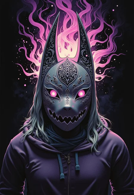 Studio Ghibli Dark Fairytale  detailed painting depicting a haunted kitsune mask radiating an eerie aura