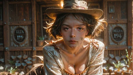 (blurred background), 8k, best quality, depth of field, dynamic lighting, high detail, masterpiece, photorealistic, realistic, ultra-HD, very aesthetic, (fashion photoshoot:1.1), 1girl, Dynamic pose, dirty grimy yet feminine, 24 years old, (large bosom cleavage1.2), movie still from a 1940s western movie, (intense glare at viewer:1.15), (Defiant frontier healer in sunlit clearing, simple blouse with rolled sleeves and linen apron:1.2), strands of wild hair escaping from beneath her small hat, piercing gaze full of wisdom, skirt dragging slightly in the dust, scattered herbs and bandages in background, dried desert plants growing in patches, aged wooden fence half-broken nearby, warm golden sunlight casting soft glow, isolated and tranquil yet gritty atmosphere, air thick with the smell of sage and earth, (contrapposto), Melva_Machina
