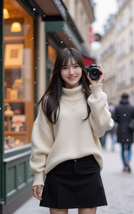 A 20-year-old girl in a white sweater and a black knee-length skirt holds a camera,taking a selfie on a snowy street in a small Parisian town. Behind her,a charming gift shop with a warmly lit display window adds a cozy atmosphere. Snowflakes gently fall around,creating a dreamy winter scene. The image is captured in an ultra-photorealistic style,with soft natural lighting,crisp details,and a cinematic depth of field. Her expression is natural and joyful,reflecting the serene beauty of the moment.,
<lora:baby-base-01-flux:0.9>,baby,long black hair,bangs,she has a slender physique and a petite build,