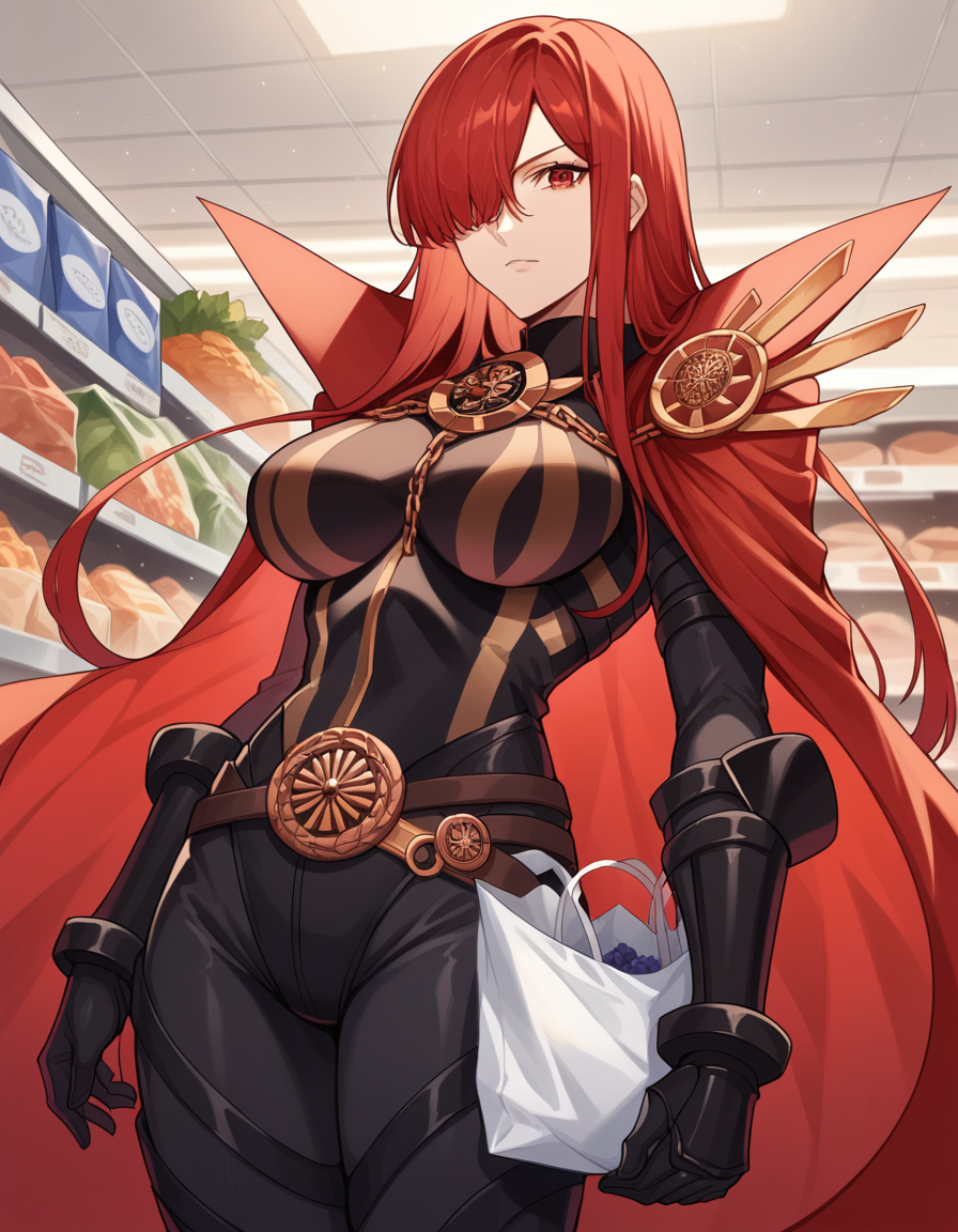 score_9, score_8_up, score_7_up, source_anime, <lora:fgo-oda-nobunaga-maou-ponyxl-lora-nochekaiser:1>, oda nobunaga maou, hair over one eye, long hair, red eyes, red hair, large breasts,, armor, belt, black bodysuit, bodysuit, bracer, breastplate, cape, chain, collared cape, family crest, medallion, oda uri, popped collar, red cape, sheath, thighs,, grocery store, cashier, shopping bag, scanning items, small talk, everyday routine, , looking at viewer, arm straight out to the side, solo,, cowboy shot, dutch angle