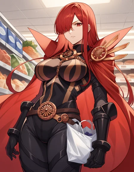 score_9, score_8_up, score_7_up, source_anime, <lora:fgo-oda-nobunaga-maou-ponyxl-lora-nochekaiser:1>, oda nobunaga maou, hair over one eye, long hair, red eyes, red hair, large breasts,, armor, belt, black bodysuit, bodysuit, bracer, breastplate, cape, chain, collared cape, family crest, medallion, oda uri, popped collar, red cape, sheath, thighs,, grocery store, cashier, shopping bag, scanning items, small talk, everyday routine, , looking at viewer, arm straight out to the side, solo,, cowboy shot, dutch angle