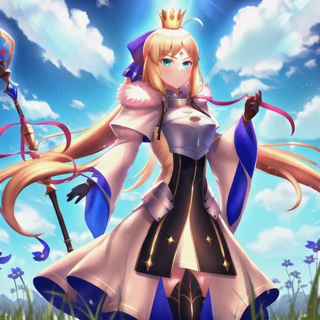 <lora:castoriaV4:0.77>, 1girl, solo, ahoge, blonde_hair, blue_ribbon, long_hair, hair flowing over, looking_at_viewer, ribbon, gold trim, standing, (genshin impact:0.85), (utawarerumono:0.85), (rwby:0.85), wallpaper, hdr, high definition, masterpiece, best quality, highly detailed, intricate, sky, cloud, grass, flower field, mountain, outdoors, face, breastplate, yellow eyes, crown, castoria, fur, fur trim, fur collar, hands, holding, holding sword, holding weapon, sword, weapon, staff, holding staff, spear, holding polearm