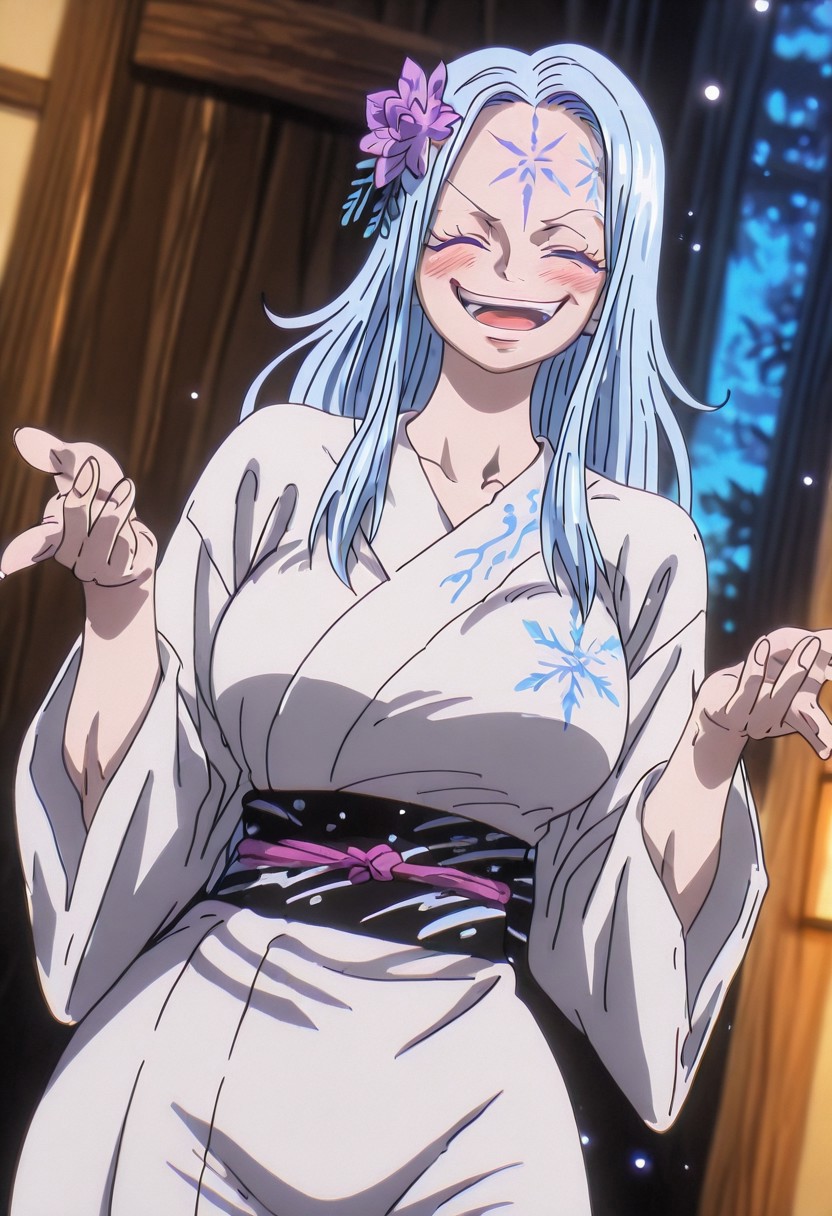 HakuneFT, 1girl, solo, pale skin, pale blue hair, long hair, hair flower, blue eyes, eyelashes, lips, large breast, thick thighs,snowflake pattern mark on forehead, sash, hair ornament, japanese clothes, western yukata, white kimono, flower ornament, intricate designs, wide sleeves, tabi,
,seductive pose, sexy pose, tease, 
masterpiece, best quality, fine details, intricate details, depth of field, subsurface scattering, bokeh,
 ultra-detailed, very aesthetic, detailed background, newest, scenery, highres, absurdres, colorful, vibrant, glowing, perfect face, 2d, perfect eyes,  vibrant saturated colors, volumetric lighting, sharp, detailed eyes, perfect anatomy,  perfect face, perfect eyes, mature body, clear eyes, beautiful eyes, athletic, curvy body, athletic girl, perky tits, perfect tits, round breasts, pinup pose, teasing, lustful expression, perfect hands, 
muscular female, dutch angle, 
looking at viewer, ^_^, blushing, wide smile, laughing ,,
,Smooth Negative, Smooth_Quality,