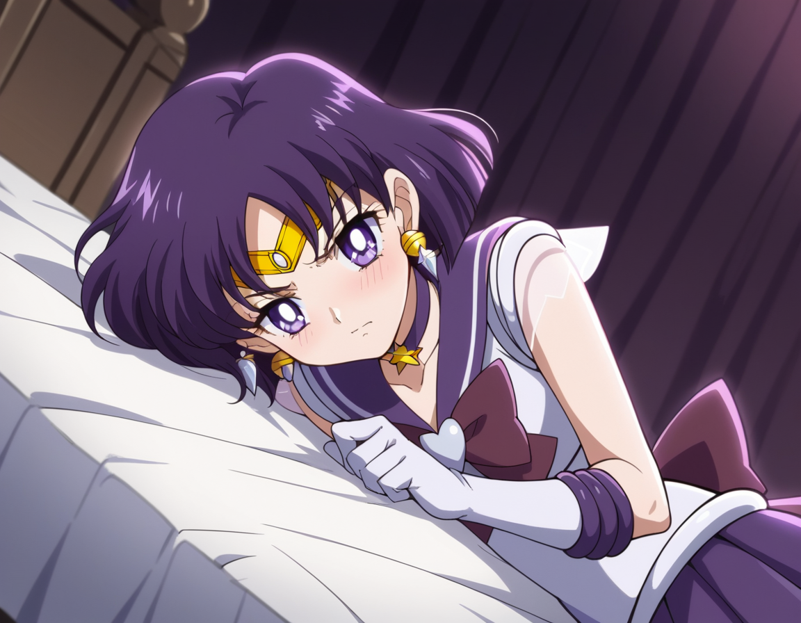 score_9, score_8_up, score_7_up, source_anime, <lora:hotaru-tomoe-eternal-movie1-ponyxl-lora-nochekaiser:1>, hotaru tomoe, purple eyes, short hair, purple hair, circlet,, brooch, choker, earrings, gloves, jewelry, magical girl, miniskirt, purple sailor collar, sailor collar, sailor senshi uniform, skirt, star choker, white gloves,, indoors, bed, bed room, on side, blush, drunk, looking at viewer, solo,, cowboy shot, dutch angle