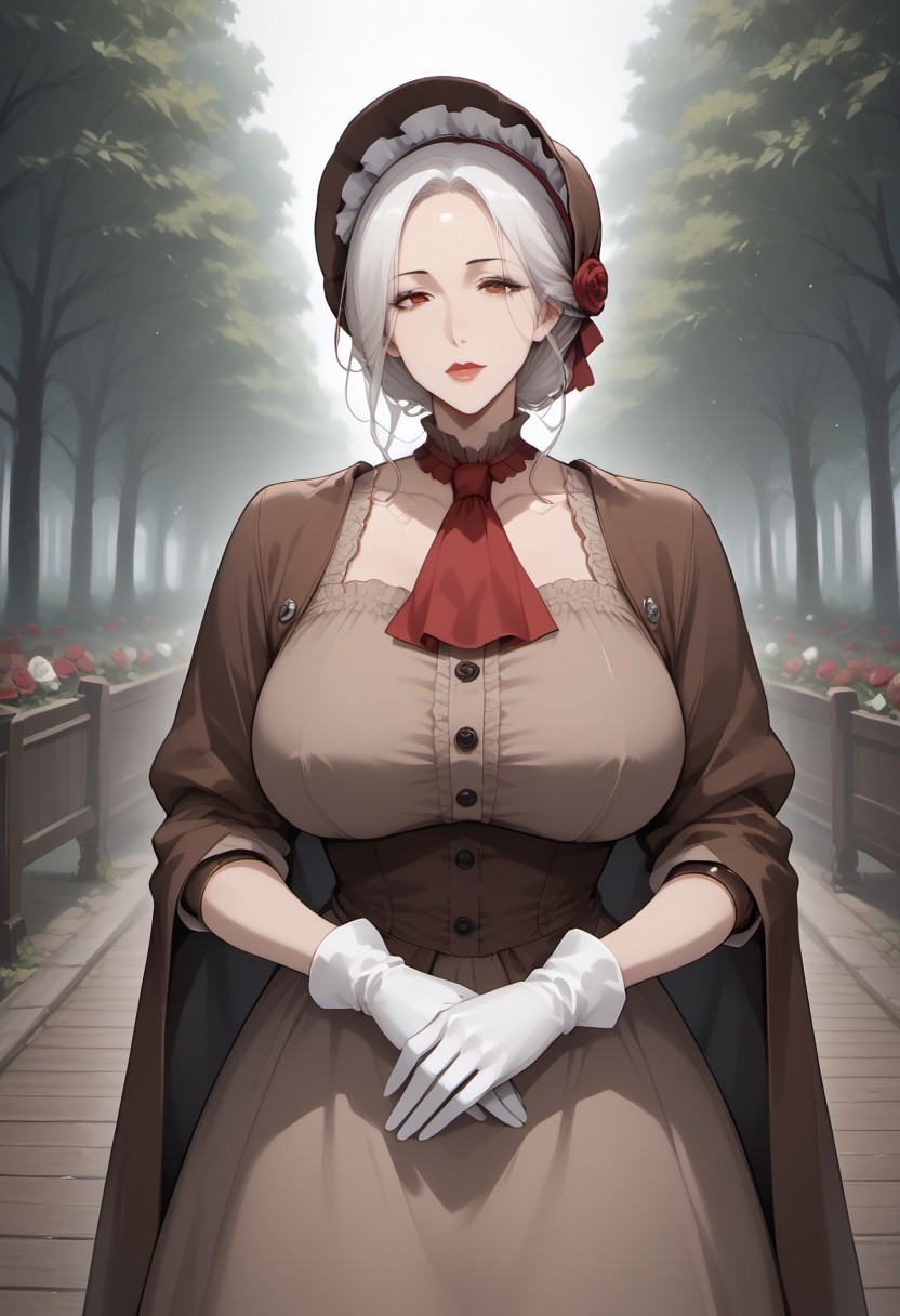 score_9,1 girls, wooden joints, rose, bonnet, red ascot, brown cloak, brown dress, gloves, white hair, middle parted hair, forehead, mature, victorian, piped fold,