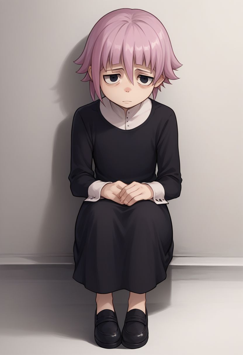 score_9, score_8_up, score_7_up, source_anime, highly detailed, 
crona, 1boy, solo, black eyes, short hair, pink hair, bags under eyes, hair between eyes,
long sleeves, white shirt, dress, black dress, shoes, shaded face, depressed
indoor, sit,