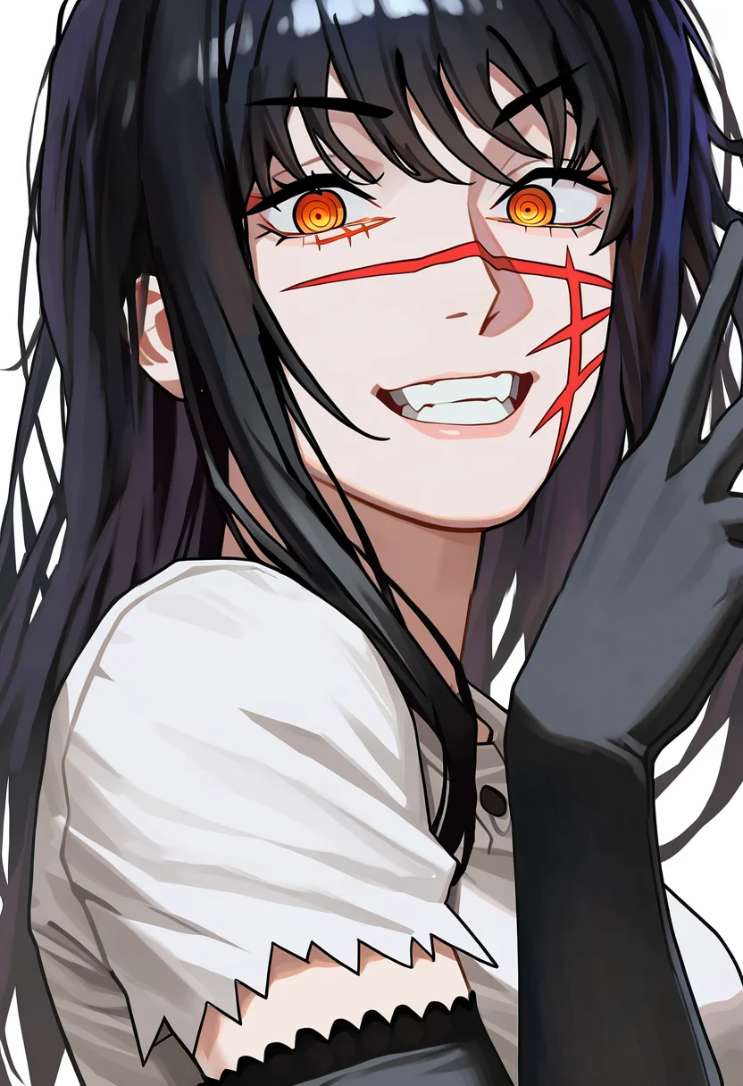 1girl, <lora:Yoru_Illustration:1>, yoru \(chainsaw man\), yoru, long hair, black hair, scar on face, red eyes, ringed eyes, black_arm_garter, white_shirt, best quality,amazing quality,very aesthetic,absurdres,beast quality,masterpiece, smiling, portrait, side view, close-up, looking at viewer, dutch angle, v sign