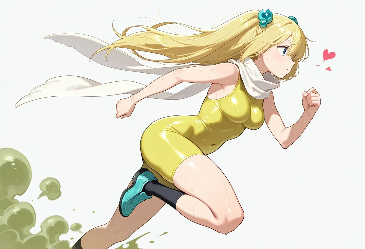 simple background,  love heart, running, sweating,
masterpiece, masterpiece, best quality, high quality, detailed, absurdres
poison gas giantess, yellow bodysuit, blond hair, white scarf, blue hair baubles, solo, 1girl, long hair, hair ornament,, blue eyes, black socks, blue shoes,