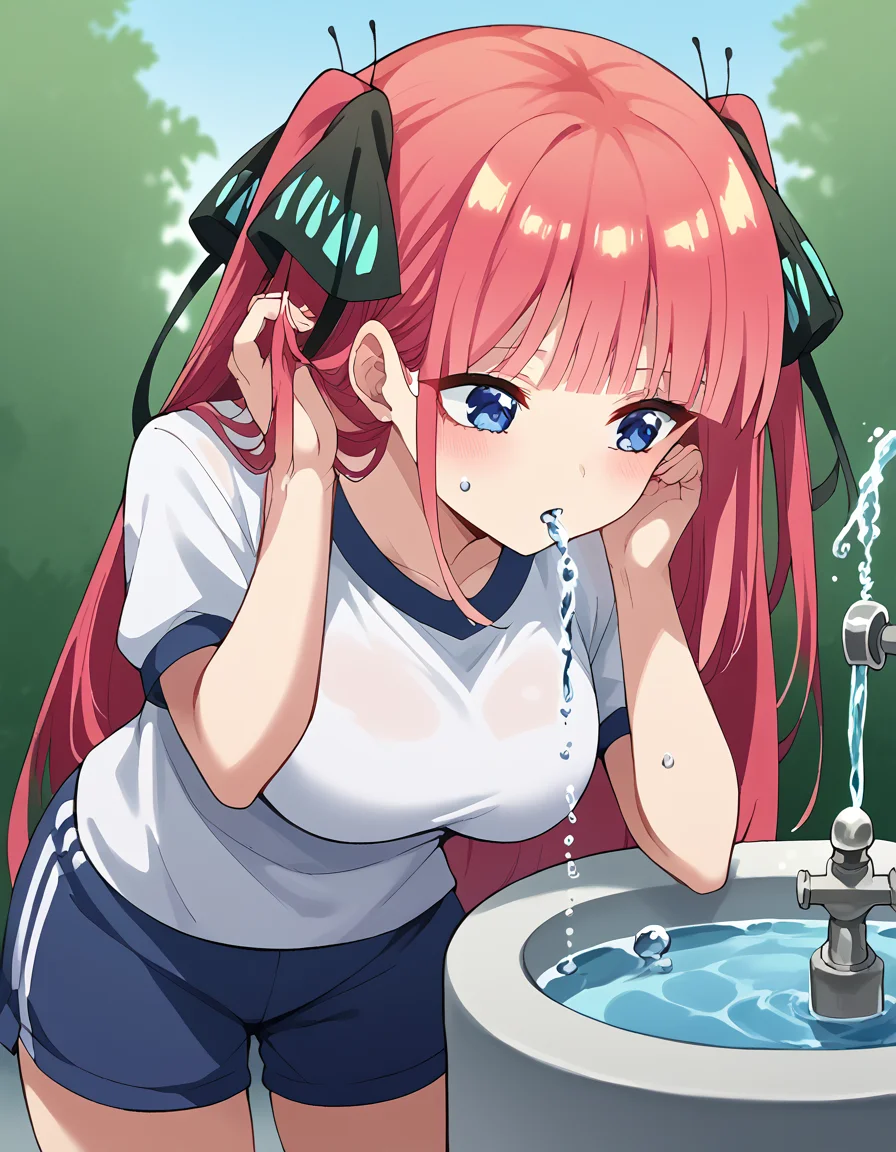 score_9, score_8_up, score_7_up, source_anime, <lora:nnakano-s2-ponyxl-lora-nochekaiser:1>, long hair, bangs, blue eyes, hair ornament, hair ribbon, pink hair, blunt bangs, two side up, butterfly hair ornament, large breasts,, <lora:drinking-fountain-ponyxl-lora-nochekaiser:1>, drinking fountain, faucet, drinking, fountain, water, water drop,, gym uniform, gym shirt, gym shorts, bent, leaning forward, <lora:tucking-hair-ponyxl-lora-nochekaiser:1>, tucking hair, adjusting hair, hand on own hair, hair behind ear,, cowboy shot,