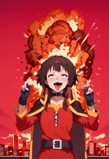 score_9, score_8_up, score_7_up, source_anime, 1girl, solo, megumin, ahebomb, gloves, dress, red dress, belt, long sleeves, black gloves, fingerless gloves, cape, collar, (explosion), skyscraper, buildings, smoke, city, red sky
