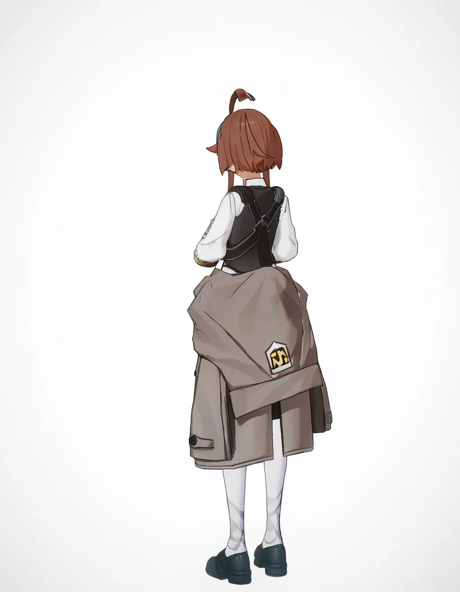 <lora:andi_noob>,3dandi,andi,1girl,solo,from behind,white background,brown hair,simple background,black footwear,long sleeves,standing,full body,vest,short hair,shoes,facing away,shirt,white shirt,coat,
masterpiece,best quality,very aesthetic,absurdres,