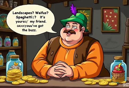 (morshu the shopkeeper with a speech bubble saying "Landscapes? Waifus? Spaghetti? It's yours, my friend. As long as you've got the buzz"), fat, cleft chin, smile, green hat with a purple feather, brown hair, brown moustache, brown vest, orange tunic, clasped hands, 2D, flat shading, flat color, jagged lines, furrowed brow, tight-lipped smile, shiny lightning bolt coins on the counter, cute anime fairies in jars on shop shelves, nonsensical landscape paintings on the walls, medieval fantasy shop background, morshu meme, morshu from Zelda CD-i, zeldacdistyle