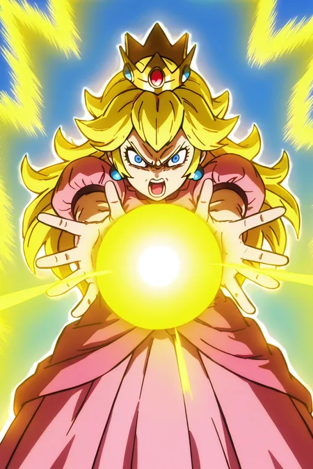 masterpiece, best quality, solo, yellow aura, looking at viewer, open mouth, blonde hair, blue background, spiked hair, angry, aura, super saiyan, blue energy ball, charging energy, princess peach, 1girl, solo, pink dress, crown, <lora:DBSBroly_Style_IXL_v2:1.0>,