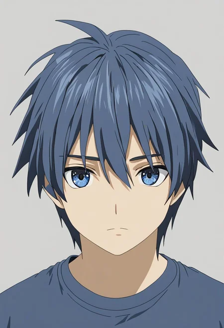 Anime Style, easynegative, detailed_eye_model, Highres, Masterpiece, High Quality, 4K, 8K, solo, 1boy, Tomoya Okazaki, Deep Blue Eyes, Grey Blue Hair, T-Shirt, passport_photo_style, looking at viewer, focused gaze forward, plain background, straight body, head upright