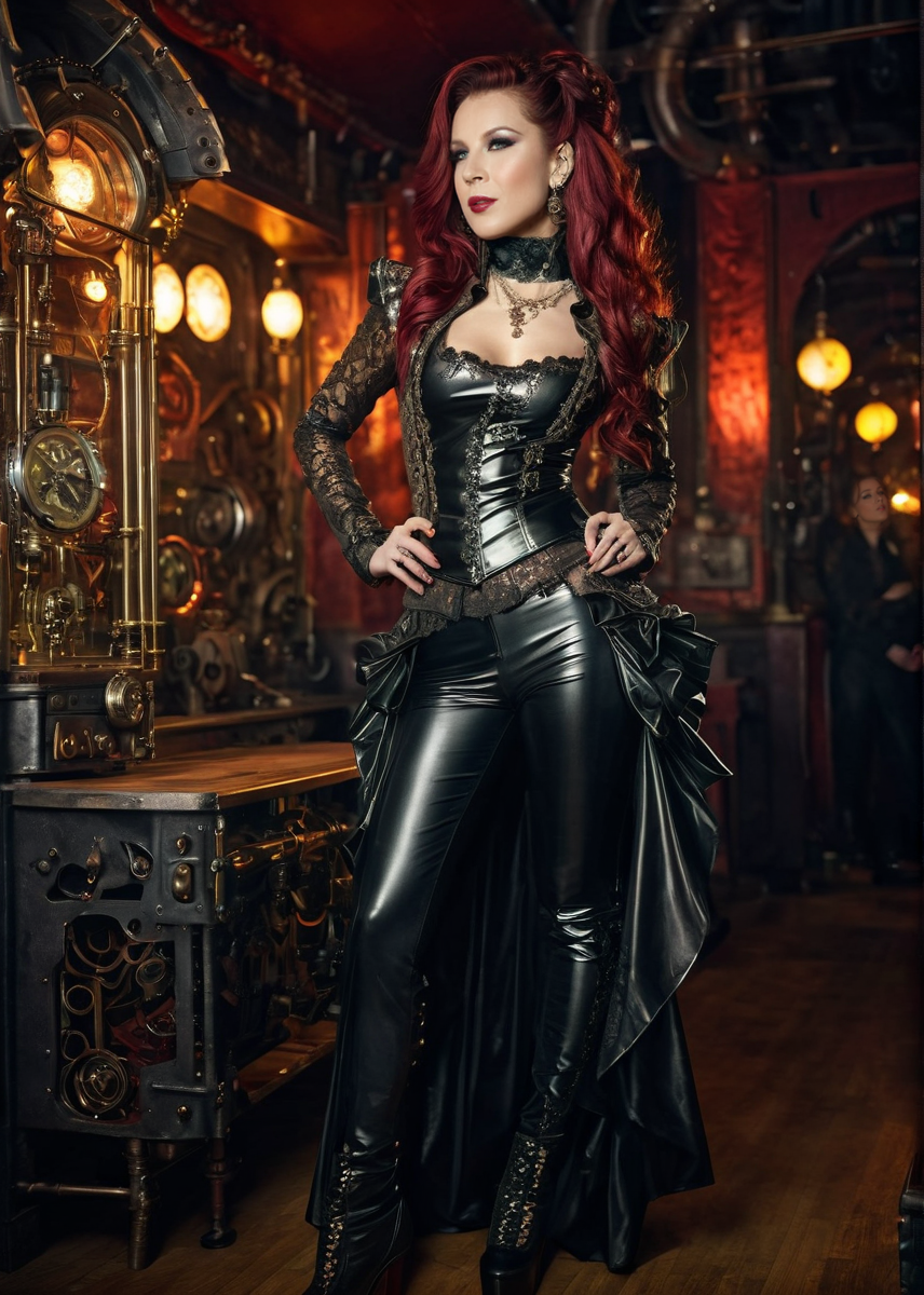 masterpiece, best quality, dark environment, (steampunk:1.5), a woman, long hair, (colored latex with lace), turtleneck, skirt, long pants, earrings, necklace, burlesque, sexy, (((full body))), 8K, extremely detailed, decorated clothing, dragon, bloodwave, dynamic, great lighting, perfect shading, depth of field, soft side light, very detailed glowing background, <lora:MS_DaniWoodward_V1_SDXL:0.8>, <lora:add-detail-xl:0.8>