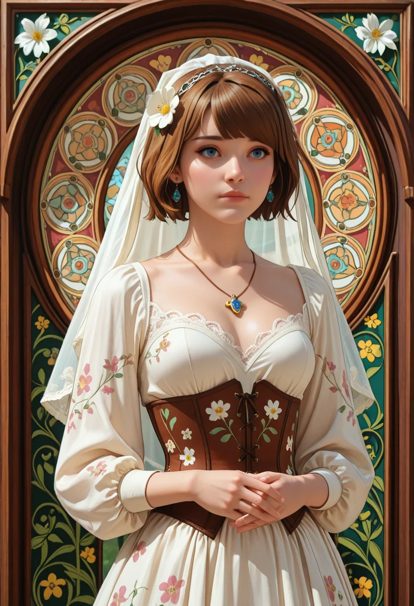 masterpiece, very aesthetic, best quality, absurdres, newest, solo,
<lora:ILLISMax:1>
LISMax, 1girl, brown hair, blue eyes, short hair, white dress, jewelry, white flower, art nouveau, earrings, long sleeves, own hands together, corset, hair ornament, framed, hair flower, veil, necklace, head chain, puffy sleeves, closed mouth, floral print, standing, lace