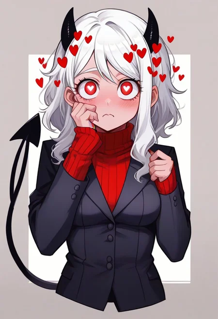 <lora:flattening-ponyxl-v1:1.3>, ,, Modeus_(Helltaker),horns, heart, demon girl, demon horns, heart-shaped pupils, symbol-shaped pupils, black horns, medium hair,demon tail, sweater, red sweater, tail, ribbed sweater, long sleeves, turtleneck, black jacket, formal, suit,, Anime eyes, anime face,<lora:add-detail-xl:0.7> <lora:xl_more_art-full_v1:0.1>