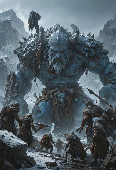 A group of Viking warriors is battling a colossal frost giant in a snowy landscape. The giant, with a muscular blue body covered in ice and crystals, is wielding a massive club made of ice and rock. The warriors, dressed in fur and leather, are attacking the giant with swords and axes. The background is filled with ice and snow, with more giants looming in the distance. The scene is dynamic and filled with motion, showing the giant swinging its club and the warriors charging forward.