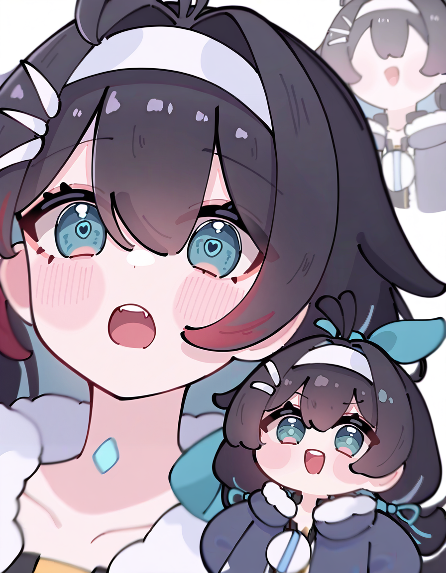 <lora:faniya_noob2>,faniya, 1girl, solo, anotherstyle5, 2dfaniya, chibi, white background, black hair, simple background, long hair, ribbon, hair ribbon, bangs, hairband, fur trim, red hair, open mouth, looking at viewer, jacket, black jacket, hair between eyes, virtual youtuber, teeth, multicolored hair, blush, collarbone, streaked hair, upper teeth only, portrait, white hairband
masterpiece,best quality,very aesthetic,absurdres,