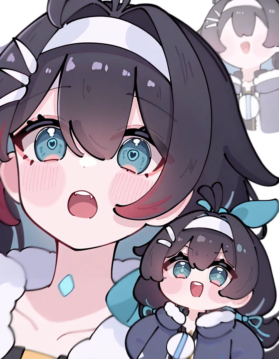 <lora:faniya_noob2>,faniya, 1girl, solo, anotherstyle5, 2dfaniya, chibi, white background, black hair, simple background, long hair, ribbon, hair ribbon, bangs, hairband, fur trim, red hair, open mouth, looking at viewer, jacket, black jacket, hair between eyes, virtual youtuber, teeth, multicolored hair, blush, collarbone, streaked hair, upper teeth only, portrait, white hairband
masterpiece,best quality,very aesthetic,absurdres,