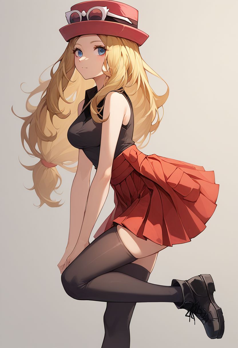 score_7_up, score_8_up, score_9, 1girl, solo, serena, skirt, long hair, sleeveless, hat, shirt, sleeveless shirt, red skirt, eyewear on headwear, thighhighs, pleated skirt, blonde hair, breasts, collared shirt, black thighhighs, black footwear
