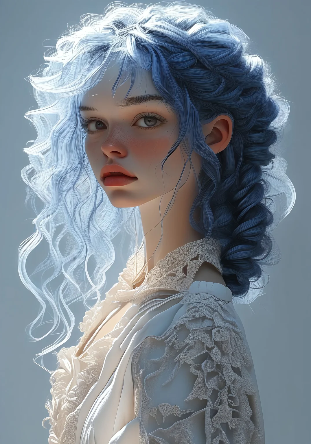 core_9, score_8_up, score_7_up, score_6_up, Anime-style digital illustration Digital portrait of a young woman with deep blue hair, braided into two long plaits. She wears a black gothic-style top with lace details and has multiple delicate ear piercings. Her gaze is intense and slightly averted, with fine features and defined cheekbones. Soft lighting creates shadows on a textured white wall in the background. The artistic style resembles a hyper-realistic digital drawing with a cool color palette, emphasizing the intricate details of her hair and skin. Elegant and modern aesthetic with a touch of mystery, digital art, highly detailed, soft lighting, fashion photography inspired.