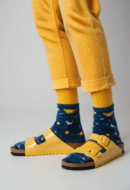 (photograph of woman's feet wearing socks and sandals and leggings), 1girl, solo, dynamic_pose, simple_background, white_background, scksnsndls, patterned blue socks, lower_body, footwear_focus, yellow leggings, birksonsocks, birkenstock