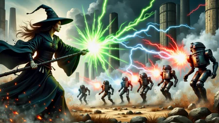A dynamic action illustration showing a female techno-mage, wearing black robes and a Korean hat, and her faithful robot companion R2D2, facing off in an intense battle against a group of evil Daleks from planet Saros. The techno-mage is using her staff to fire pulsating balls of magical green energy at the Daleks, and the R2D2 robot is discharging intense blue bolts of electrical energy at the Daleks. The Daleks are firing red pulse energy beams at the techno-mage and R2D2 robot. It is evening, and the battle takes place in a dark misty dystopian cityscape, outside a huge megalithic industrial complex. This is a full frame body shot, providing a environmental wide angle view of the entire body. Poster illustration, bold colors, action sequence, complex patterns. Intricate details, masterpiece, best quality. Dramatic and dynamic high contrast lighting, dim dark atmosphere. <BaroqueColorful:0.72>