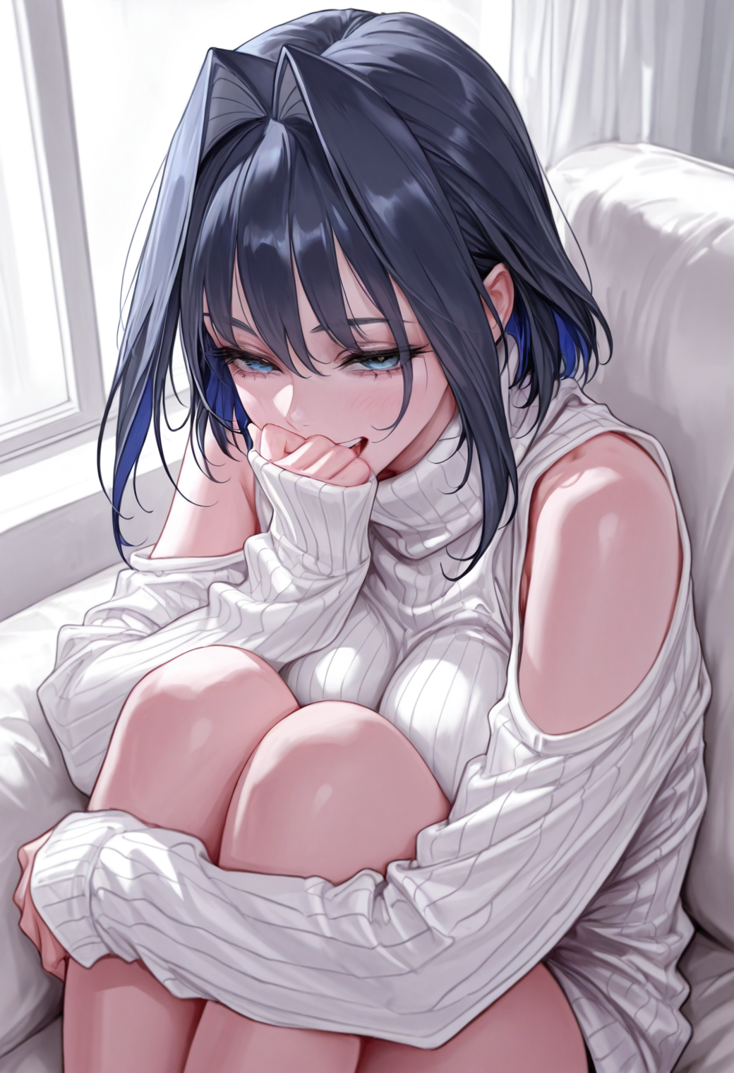 bm94199, 

from above, 

1girl, ouro kronii, solo, 

large breasts, 

ribbed sweater, turtleneck sweater, long sleeves, sleeves past wrists, shoulder cutout, oversized clothes, 

looking at viewer, half-closed eyes, laughing, 

sitting, knees to chest, hugging own legs, legs together, covering mouth, 

masterpiece, best quality, amazing quality, 