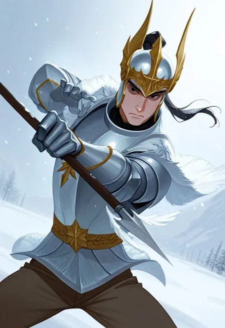 realistic shading, natural lighting, expressive serious face, machawdw-helmetted 1male focus, gold-white_machawdw_ponytail helmet, black eyes, eye_focus, holding spear, spear, fighting stance, cuirass, brown pants, armor, shiny skin, cowboy shot, snowing, snowflake, surreal, symbolic background, shadow, foreshortening, dutch angle, dynamic angle, dynamic action, intricately detailed illustration, cinematic, depth of field, atmospheric perspective, masterpiece, best quality, amazing quality, very aesthetic, absurdres, newest