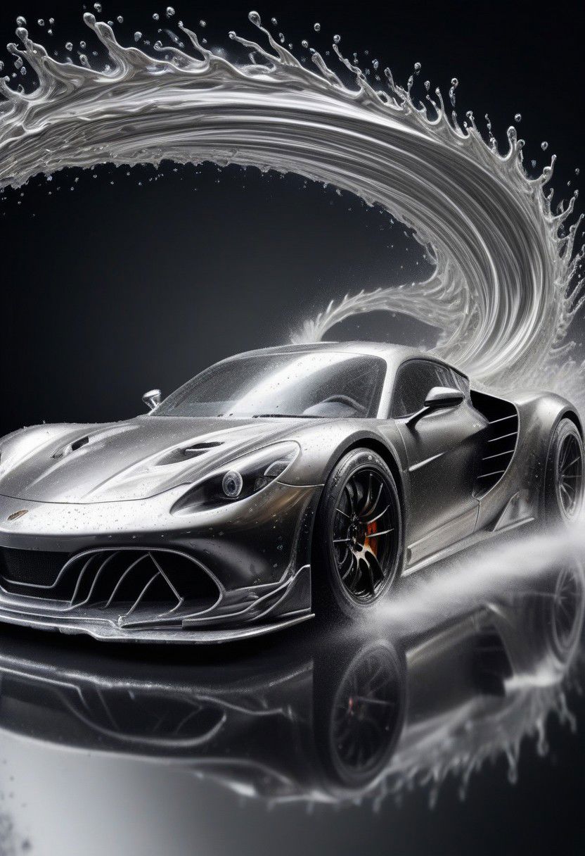 sports car, race car, racing through LIQUID METAL, liquid metal sprays up from the cars tyres