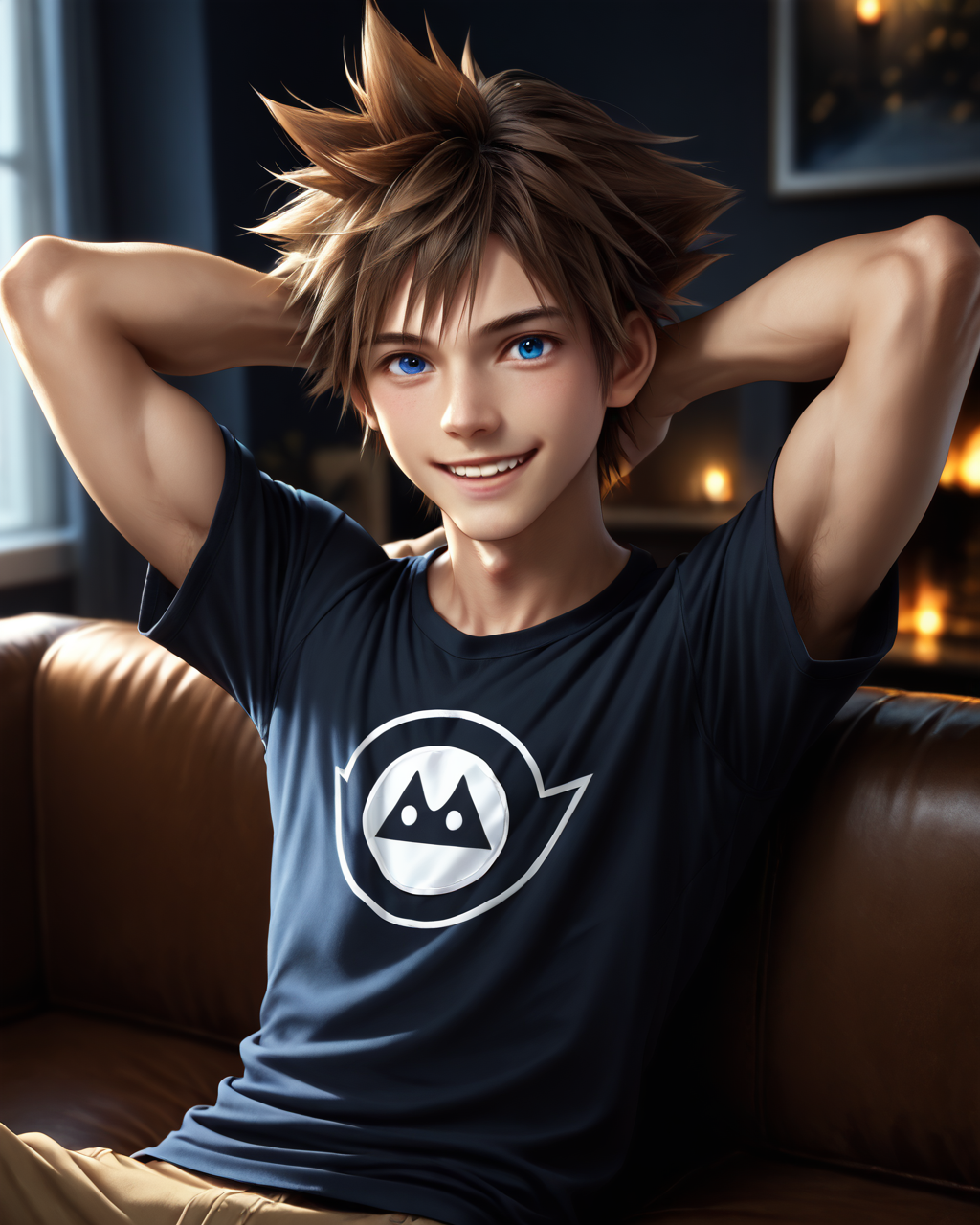 score_9, score_8_up, score_7_up, intricate details, rating_questionable,
<lora:homri52:1>
,
<lora:Sora_KH_-_Pony2:0.8>, 1boy(sora, male focus, solo, blue eyes, brown hair, spiked hair,, looking at the viewer, solo, happy, 
cowboy shot, sitting on a sofa, leaned back, arms raised, hands behind head, typical clothing), comfy living room, at night, dark room, low light,
highres,
detailed background, depth of field, 
<lora:ral-chrosc-clr:0.5>, ral-chrosc-clr,
<lora:Expressive_H:0.5>, Expressiveh,
<lora:xl_more_art-full_v1:0.3>,
<lora:add-detail-xl:0.3>,